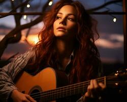 ein Frau mit lange rot Haar spielen ein akustisch Gitarre generativ ai foto