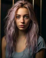 ein Frau mit lila Haar und Blau Augen generativ ai foto