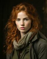 ein Frau mit rot Haar und ein Schal generativ ai foto