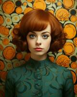 ein Frau mit rot Haar und ein Orange Hintergrund generativ ai foto