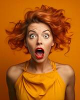 ein Frau mit rot Haar und ein öffnen Mund auf ein Orange Hintergrund generativ ai foto