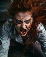 ein Frau mit rot Haar und Blut auf ihr Gesicht generativ ai foto