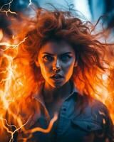 ein Frau mit rot Haar und Blitz im das Hintergrund generativ ai foto