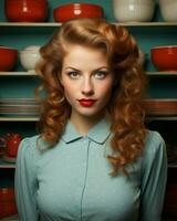 ein Frau mit rot Haar und Blau Augen Stehen im Vorderseite von Platten generativ ai foto