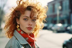 ein Frau mit rot Haar und Ohrringe auf das Straße generativ ai foto