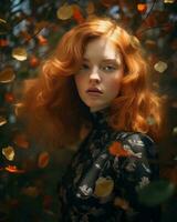 ein Frau mit rot Haar und Blätter im das Hintergrund generativ ai foto