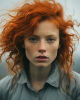 ein Frau mit rot Haar und Sommersprossen generativ ai foto