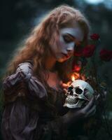 ein Frau mit rot Haar halten ein Schädel und Rosen generativ ai foto