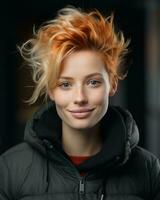 ein Frau mit rot Haar im ein Jacke generativ ai foto