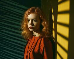 ein Frau mit rot Haar posieren im Vorderseite von ein Gelb Mauer generativ ai foto