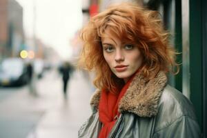 ein Frau mit rot Haar Stehen auf ein Stadt Straße generativ ai foto