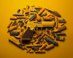 ein Gelb Gewehr umgeben durch verschiedene Werkzeuge auf ein Gelb Hintergrund generativ ai foto