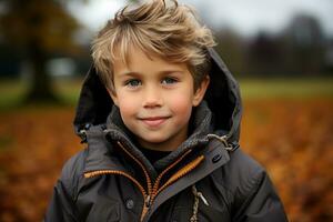 ein jung Junge im ein Mantel und Kapuzenpullover posieren zum das Kamera generativ ai foto