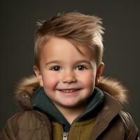 ein jung Junge im ein braun Jacke lächelnd zum das Kamera generativ ai foto