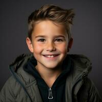 ein jung Junge im ein Jacke lächelnd zum das Kamera generativ ai foto