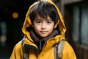 ein jung Junge im ein Gelb Regenjacke generativ ai foto