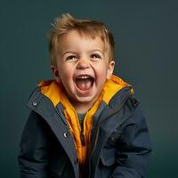 ein jung Junge ist Lachen im ein Blau und Gelb Jacke generativ ai foto