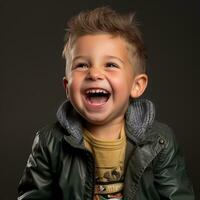 ein jung Junge ist Lachen während tragen ein Jacke generativ ai foto