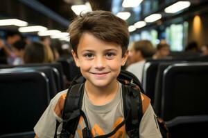 ein jung Junge mit ein Rucksack auf ein Bus generativ ai foto