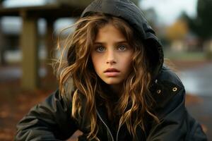 ein jung Mädchen im ein schwarz Jacke Sitzung auf das Boden generativ ai foto