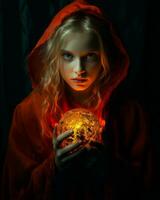 ein jung Mädchen im ein rot Mantel halten ein glühend Kugel generativ ai foto