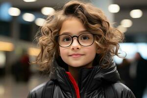 ein jung Mädchen tragen Brille im ein Flughafen generativ ai foto