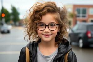 ein jung Mädchen tragen Brille auf das Straße generativ ai foto