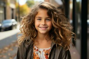 ein jung Mädchen mit lockig Haar Stehen auf das Straße generativ ai foto