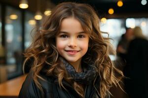 ein jung Mädchen mit lange lockig Haar im ein schwarz Jacke generativ ai foto