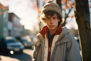 ein jung Mann im ein Mantel und Hut Stehen auf ein Straße generativ ai foto