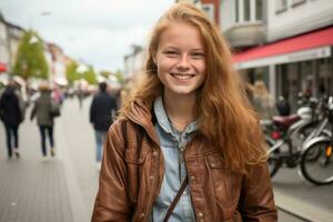 ein jung Mädchen mit rot Haar Stehen auf ein Stadt Straße generativ ai foto