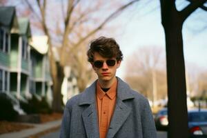 ein jung Mann im ein Mantel und Sonnenbrille Stehen auf ein Straße generativ ai foto