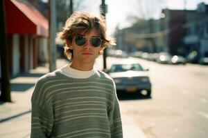 ein jung Mann im Sonnenbrille Stehen auf ein Stadt Straße generativ ai foto