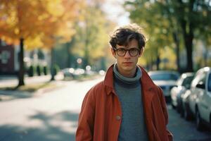 ein jung Mann tragen Brille und ein Orange Mantel Stehen auf ein Straße generativ ai foto