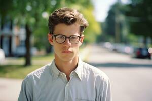 ein jung Mann mit Brille Stehen im das Mitte von ein Straße generativ ai foto