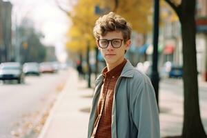 ein jung Mann mit Brille Stehen auf ein Straße generativ ai foto