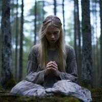 ein jung Frau ist Sitzung im das Wald mit ihr Hände gefaltet generativ ai foto