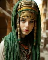 ein jung Frau tragen ein ägyptisch Kopfschmuck generativ ai foto