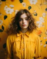 ein jung Frau mit lockig Haar und ein Gelb Hemd generativ ai foto
