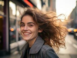 ein jung Frau mit ihr Haar weht im das Wind generativ ai foto