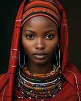 ein afrikanisch Frau tragen traditionell Kleidung und Schmuck generativ ai foto