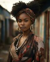 ein afrikanisch Frau tragen ein Kopf Schal und Ohrringe generativ ai foto