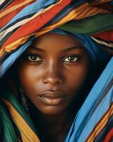 ein afrikanisch Frau mit ein bunt Schal auf ihr Kopf generativ ai foto