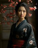 ein asiatisch Frau im ein Kimono posiert im Vorderseite von ein Kirsche blühen Baum generativ ai foto