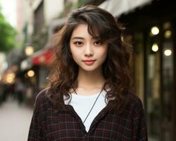 ein asiatisch Frau im ein Plaid Hemd Stehen auf ein Stadt Straße generativ ai foto
