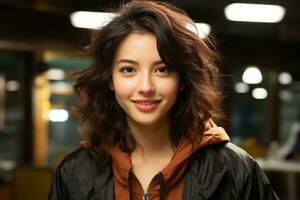 ein asiatisch Frau mit dunkel Haar und braun Jacke generativ ai foto