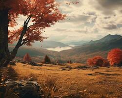 ein Herbst Landschaft mit Bäume und Berge im das Hintergrund generativ ai foto