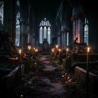 ein leeren Kirche mit zündete Kerzen im das Mitte von es generativ ai foto