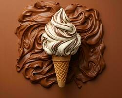 ein Eis Sahne Kegel mit Schokolade wirbelt auf ein braun Hintergrund generativ ai foto
