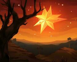 ein Illustration von ein Star im das Himmel mit ein Baum im das Hintergrund generativ ai foto